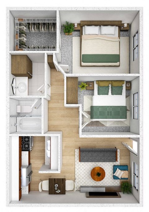 Floor plan for 2 beds, 1 bath, 775 sqft